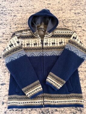 Kids Hooded Zip-Up Jacket with llama Ecuador pattern - Navy